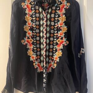 Johnny Was Black Blouse with Multicolor Embroidery